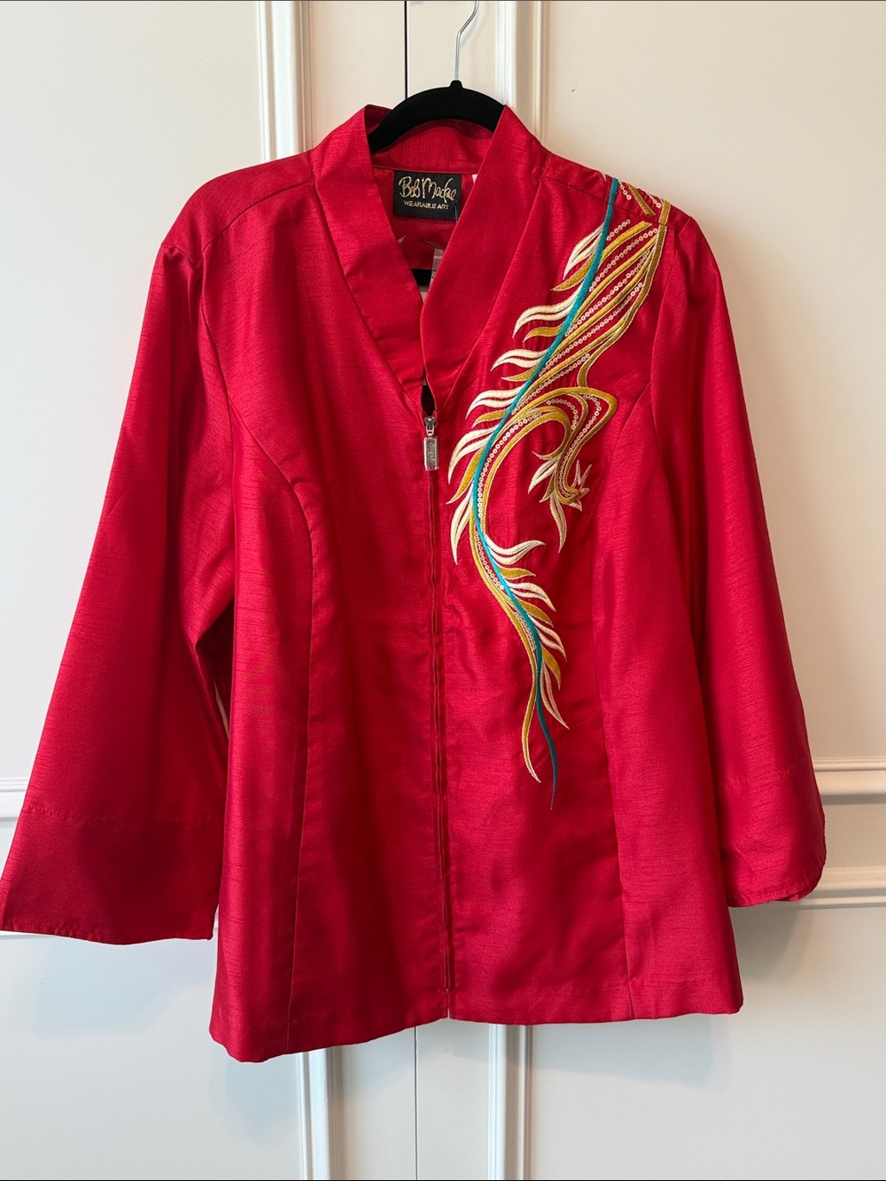 Bob Mackie Vibrant Red Satin Jacket with Multicolor Embroidery